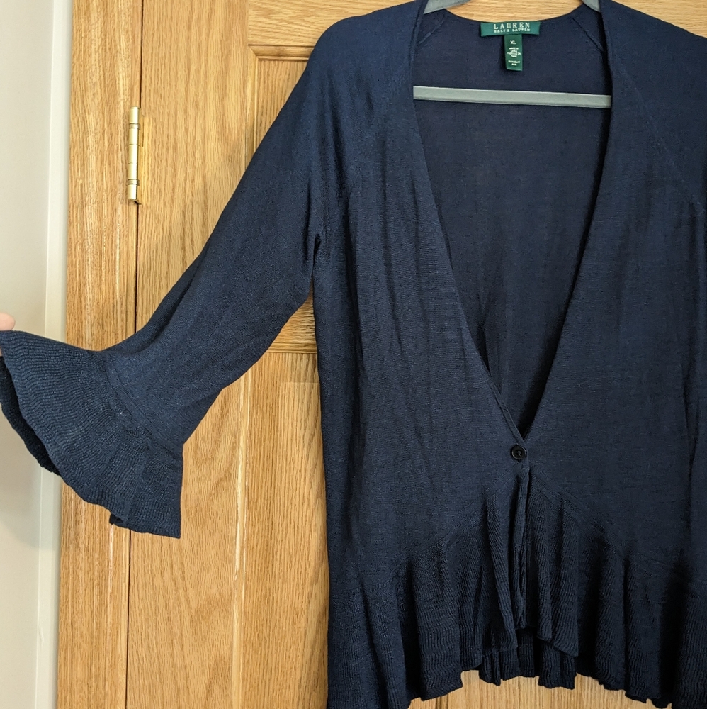 100% Silk Lauren Ralph Lauren Classic Navy Blue Cardigan Size XL